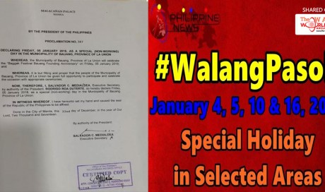 WalangPasok: Malacanang Declared January 4, 5, 10 & 16, 2018 Special Holiday in Selected Areas