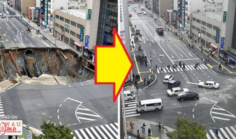 This street was swallowed by a giant hole in Japan